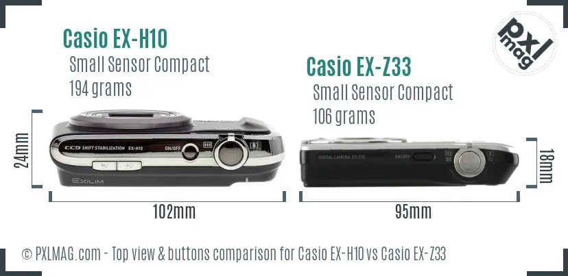 Casio EX-H10 vs Casio EX-Z33 top view buttons comparison