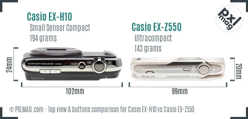 Casio EX-H10 vs Casio EX-Z550 top view buttons comparison