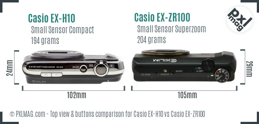 Casio EX-H10 vs Casio EX-ZR100 top view buttons comparison