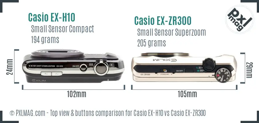 Casio EX-H10 vs Casio EX-ZR300 top view buttons comparison