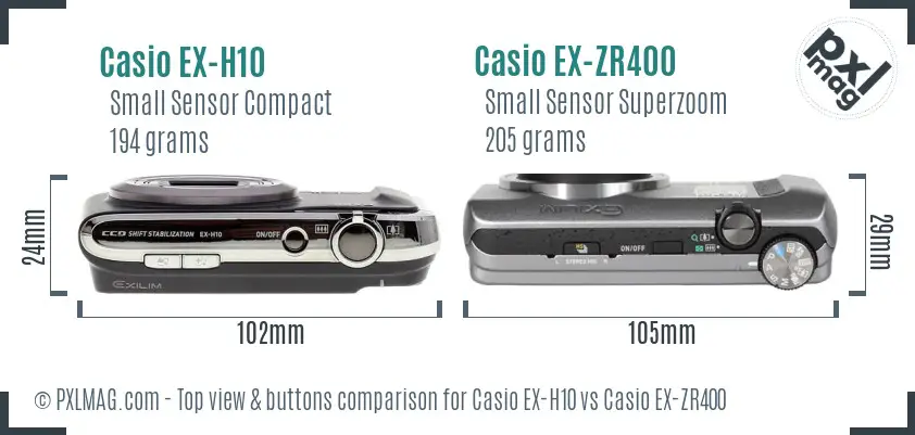 Casio EX-H10 vs Casio EX-ZR400 top view buttons comparison