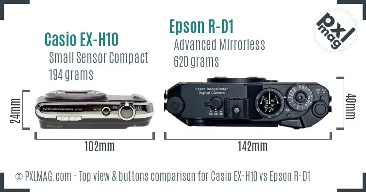 Casio EX-H10 vs Epson R-D1 top view buttons comparison Casio EX-H10 vs Epson R-D1 top view buttons comparison