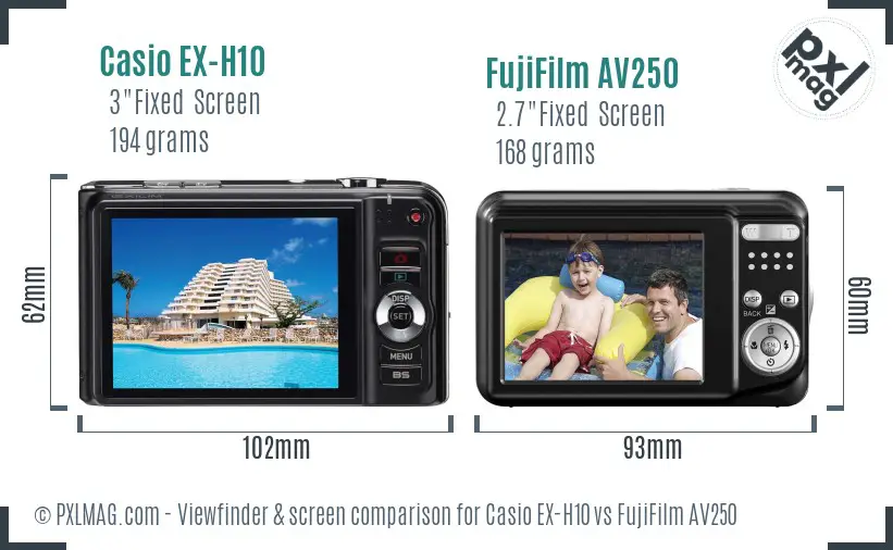 Casio EX-H10 vs FujiFilm AV250 Screen and Viewfinder comparison