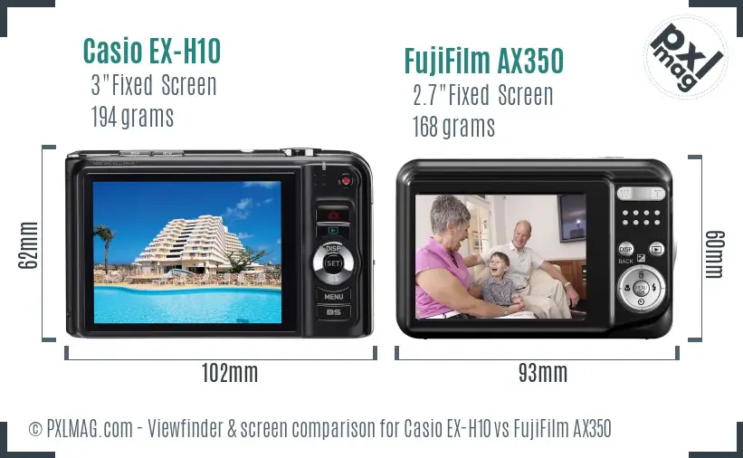 Casio EX-H10 vs FujiFilm AX350 Screen and Viewfinder comparison