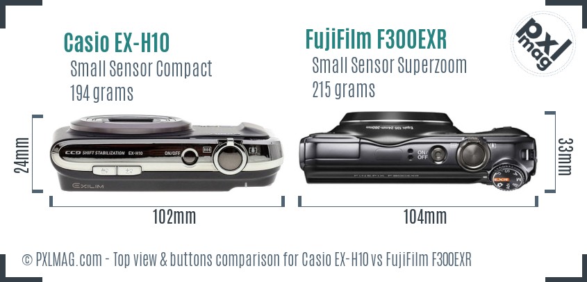 Casio EX-H10 vs FujiFilm F300EXR top view buttons comparison