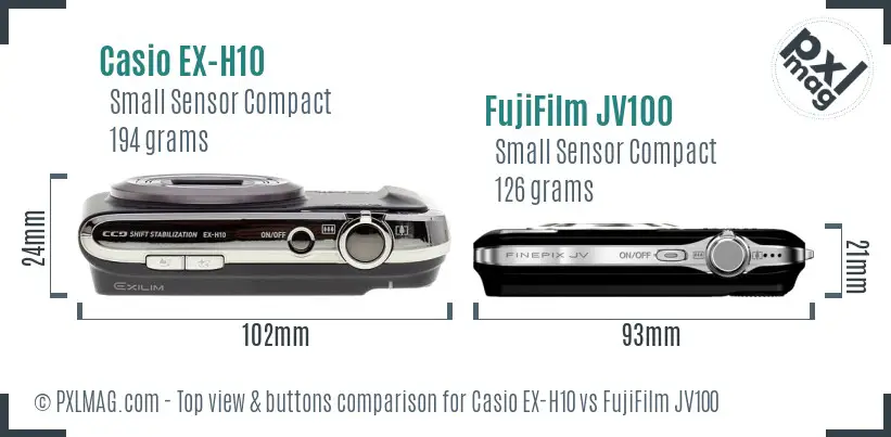 Casio EX-H10 vs FujiFilm JV100 top view buttons comparison Casio EX-H10 vs FujiFilm JV100 top view buttons comparison