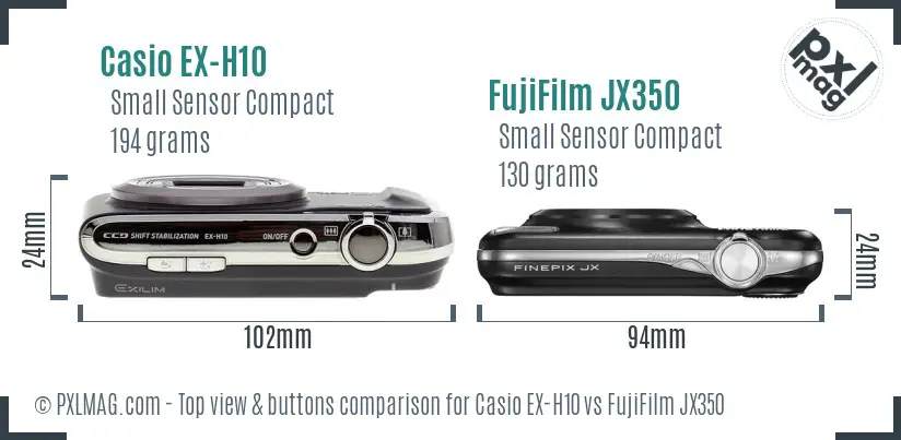 Casio EX-H10 vs FujiFilm JX350 top view buttons comparison Casio EX-H10 vs FujiFilm JX350 top view buttons comparison