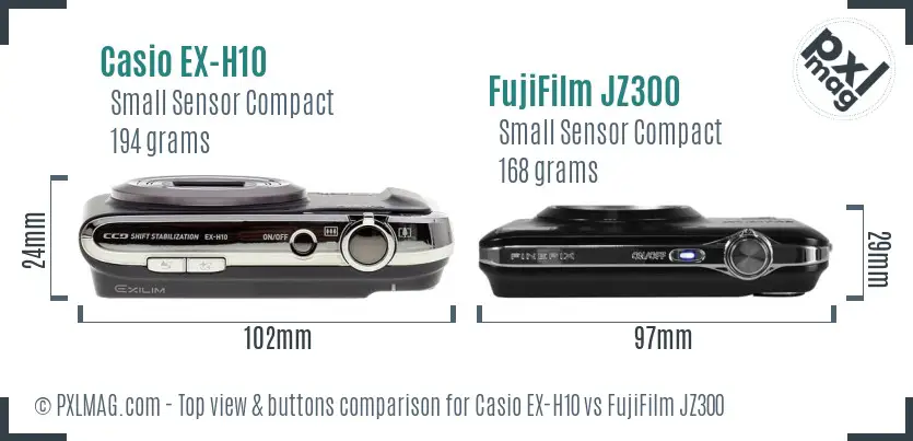Casio EX-H10 vs FujiFilm JZ300 top view buttons comparison