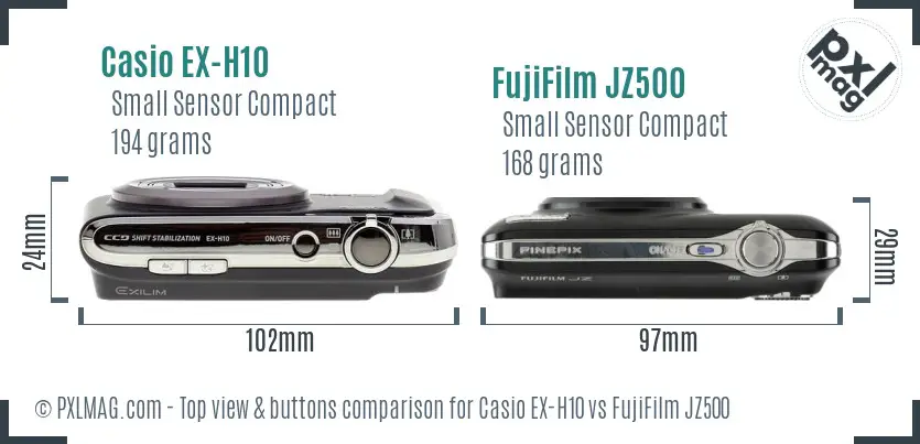 Casio EX-H10 vs FujiFilm JZ500 top view buttons comparison
