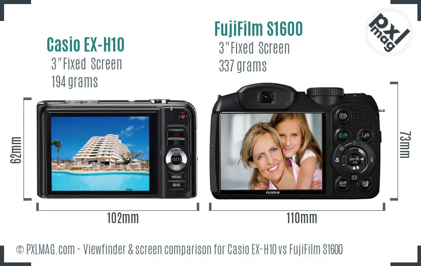 Casio EX-H10 vs FujiFilm S1600 Screen and Viewfinder comparison