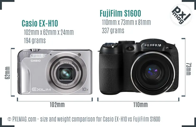 Casio EX-H10 vs FujiFilm S1600 size comparison