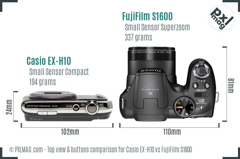 Casio EX-H10 vs FujiFilm S1600 top view buttons comparison