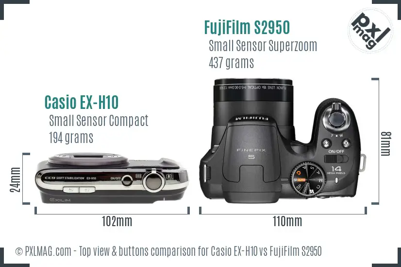 Casio EX-H10 vs FujiFilm S2950 top view buttons comparison Casio EX-H10 vs FujiFilm S2950 top view buttons comparison