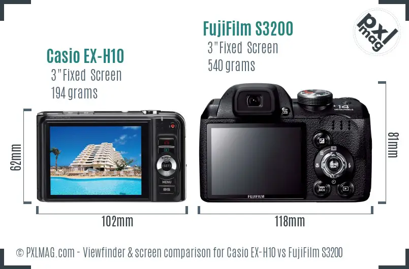 Casio EX-H10 vs FujiFilm S3200 Screen and Viewfinder comparison