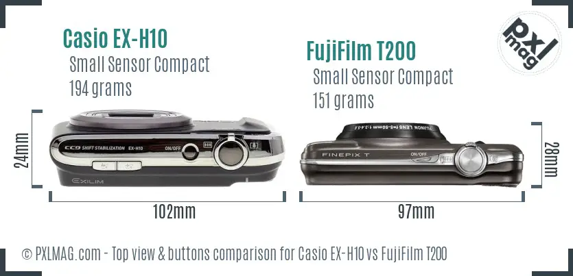 Casio EX-H10 vs FujiFilm T200 top view buttons comparison Casio EX-H10 vs FujiFilm T200 top view buttons comparison