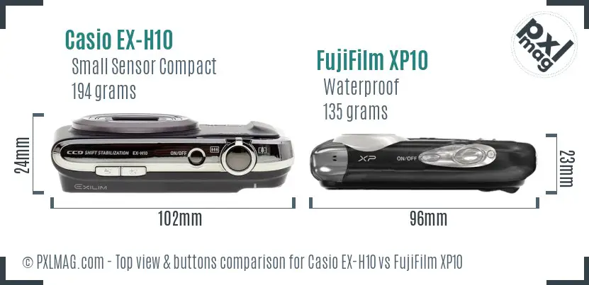 Casio EX-H10 vs FujiFilm XP10 top view buttons comparison