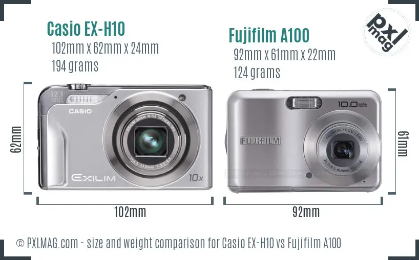 Casio EX-H10 vs Fujifilm A100 size comparison