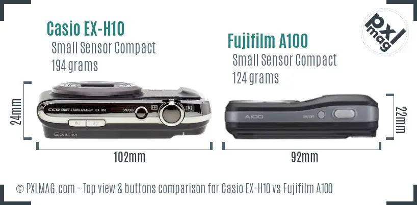 Casio EX-H10 vs Fujifilm A100 top view buttons comparison