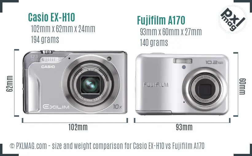 Casio EX-H10 vs Fujifilm A170 size comparison