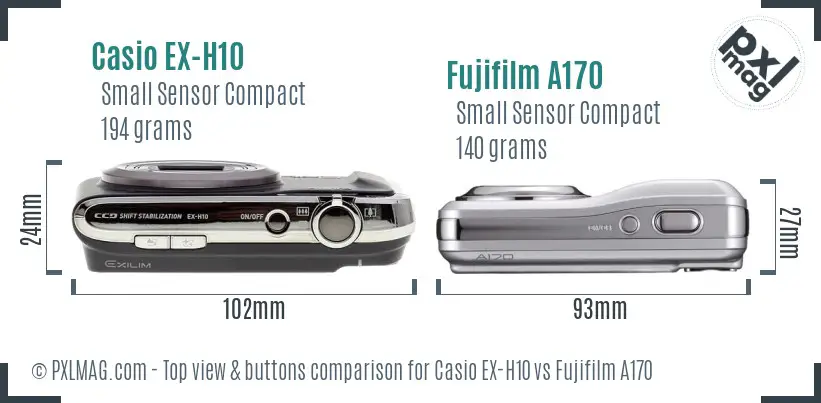 Casio EX-H10 vs Fujifilm A170 top view buttons comparison