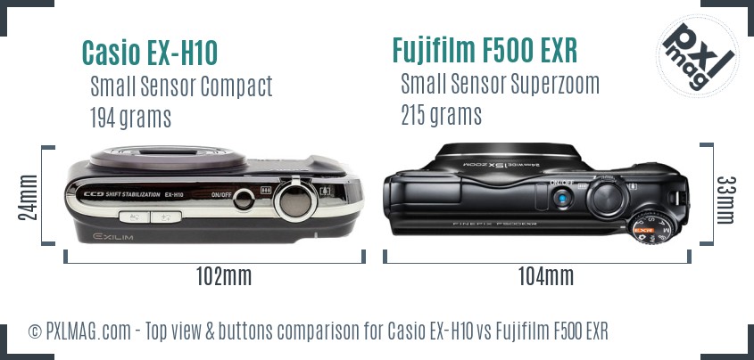 Casio EX-H10 vs Fujifilm F500 EXR top view buttons comparison