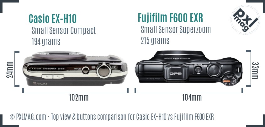 Casio EX-H10 vs Fujifilm F600 EXR top view buttons comparison