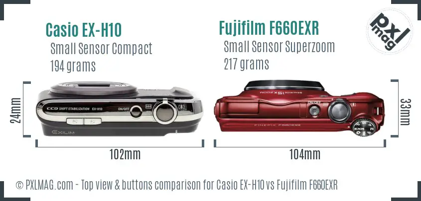 Casio EX-H10 vs Fujifilm F660EXR top view buttons comparison