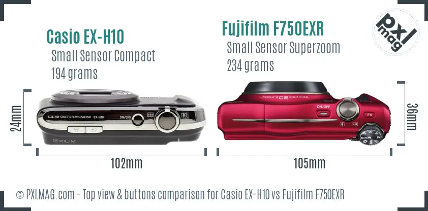 Casio EX-H10 vs Fujifilm F750EXR top view buttons comparison