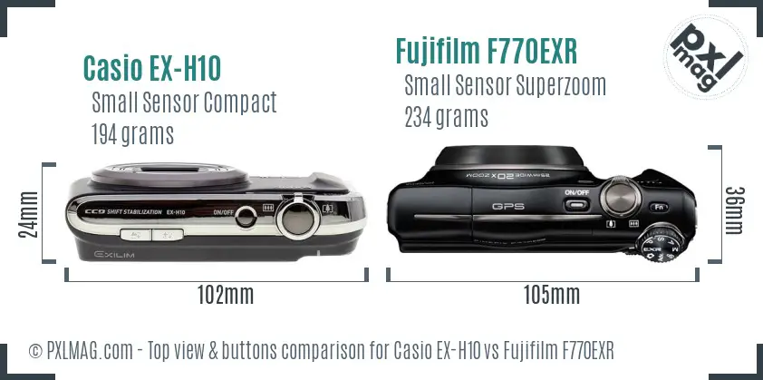 Casio EX-H10 vs Fujifilm F770EXR top view buttons comparison