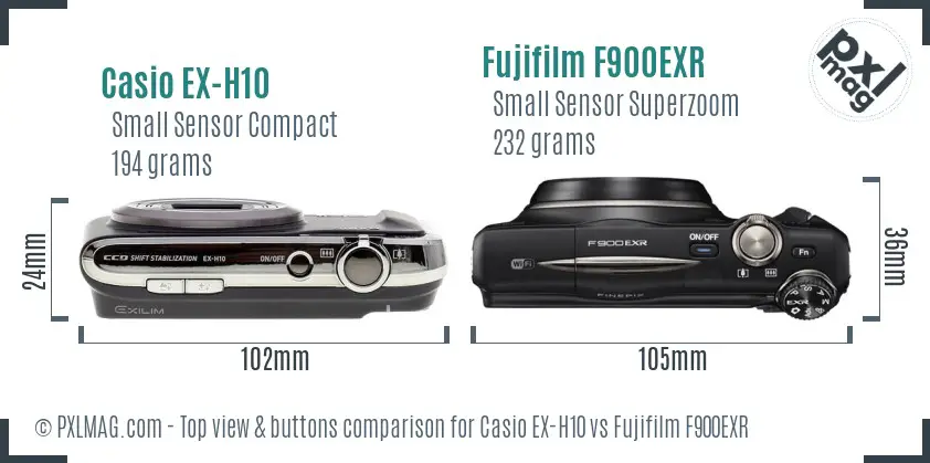 Casio EX-H10 vs Fujifilm F900EXR top view buttons comparison Casio EX-H10 vs Fujifilm F900EXR top view buttons comparison