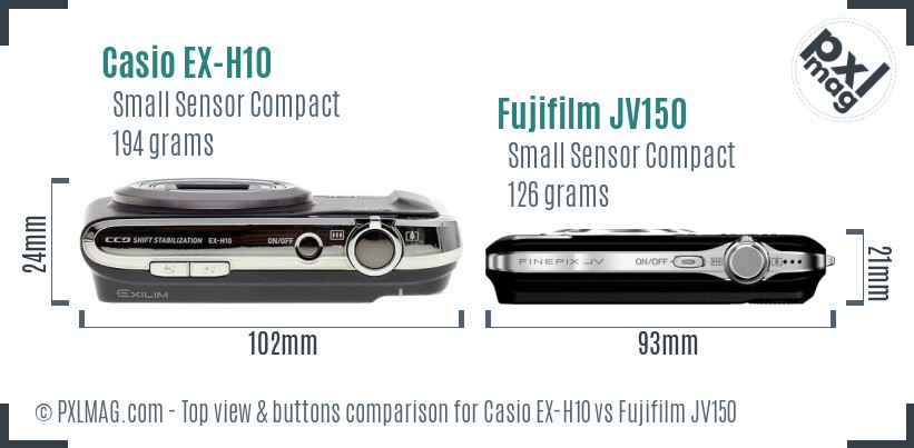 Casio EX-H10 vs Fujifilm JV150 top view buttons comparison