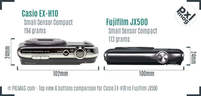 Casio EX-H10 vs Fujifilm JX500 top view buttons comparison