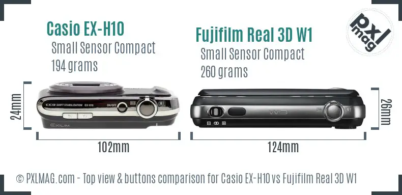 Casio EX-H10 vs Fujifilm Real 3D W1 top view buttons comparison