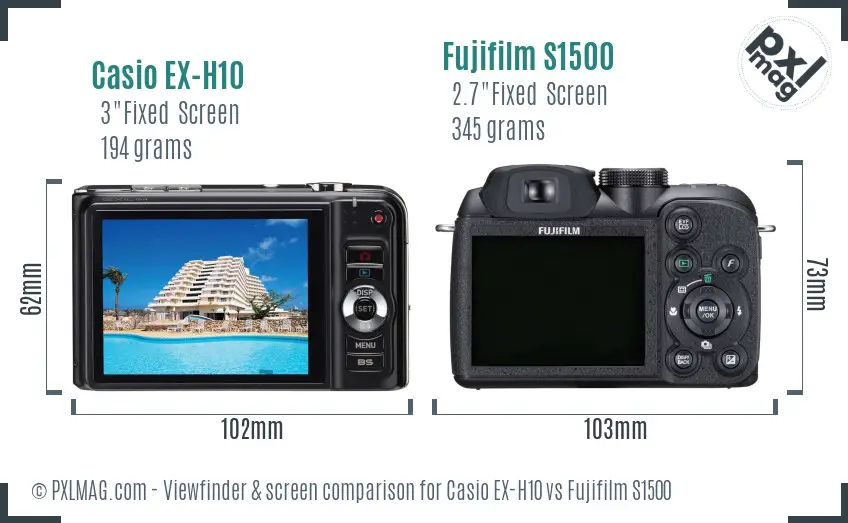 Casio EX-H10 vs Fujifilm S1500 Screen and Viewfinder comparison