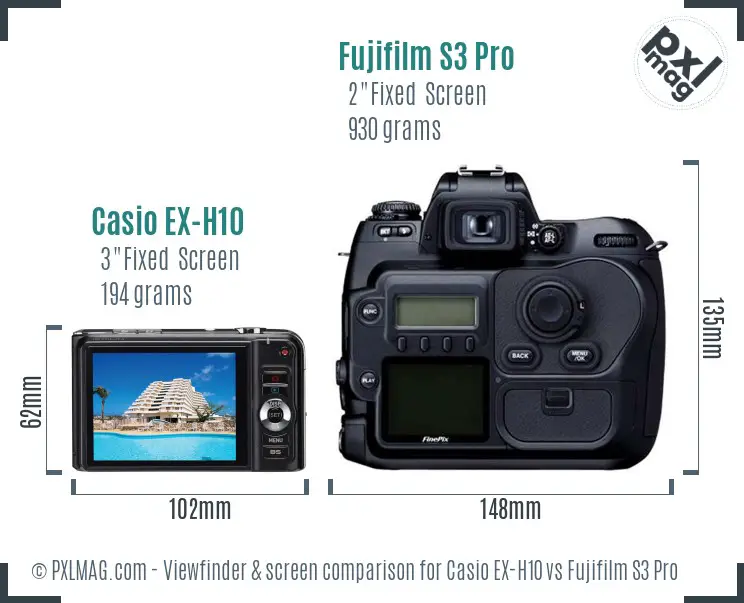 Casio EX-H10 vs Fujifilm S3 Pro Screen and Viewfinder comparison