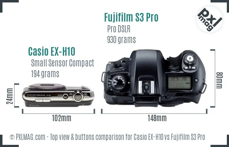 Casio EX-H10 vs Fujifilm S3 Pro top view buttons comparison