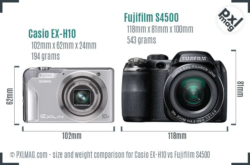 Casio EX-H10 vs Fujifilm S4500 size comparison Casio EX-H10 vs Fujifilm S4500 size comparison