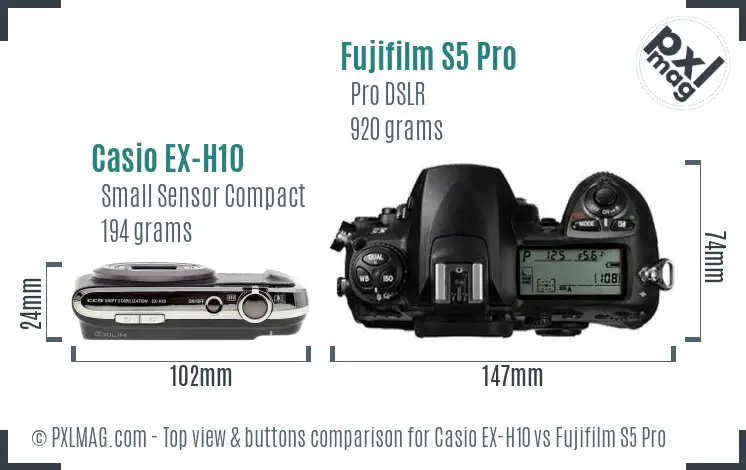 Casio EX-H10 vs Fujifilm S5 Pro top view buttons comparison