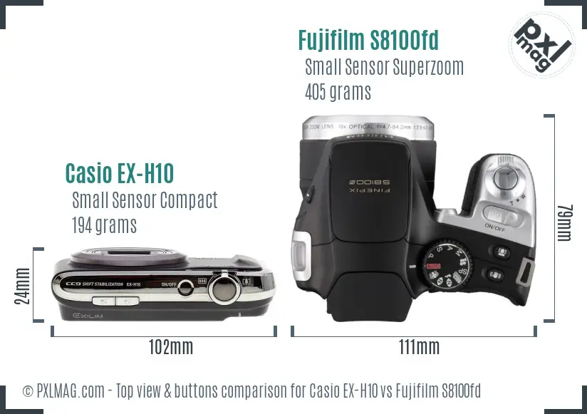Casio EX-H10 vs Fujifilm S8100fd top view buttons comparison Casio EX-H10 vs Fujifilm S8100fd top view buttons comparison