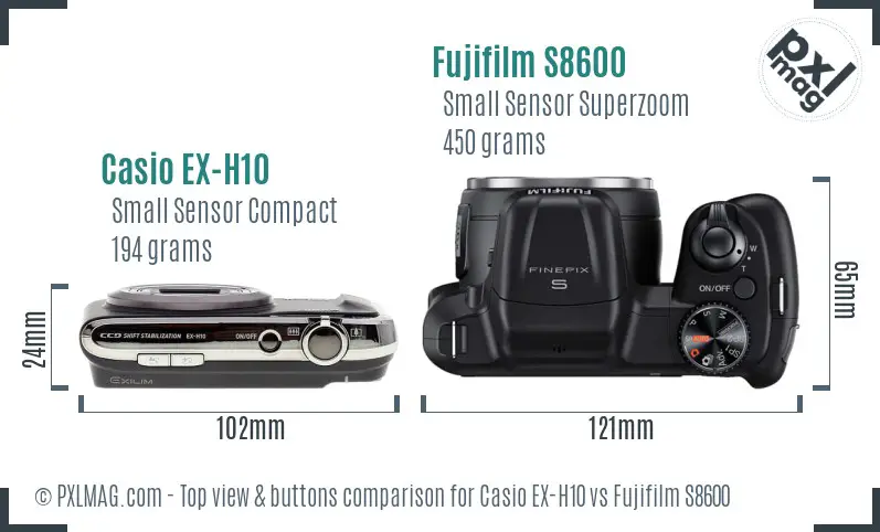 Casio EX-H10 vs Fujifilm S8600 top view buttons comparison Casio EX-H10 vs Fujifilm S8600 top view buttons comparison