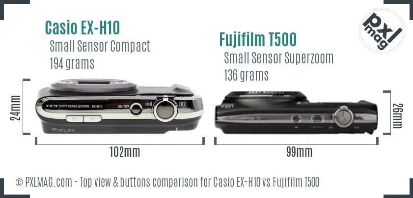 Casio EX-H10 vs Fujifilm T500 top view buttons comparison