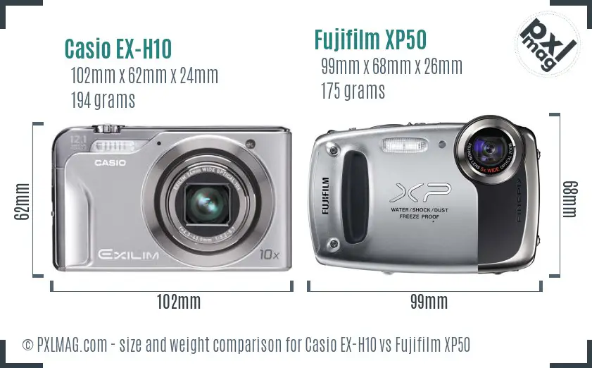Casio EX-H10 vs Fujifilm XP50 size comparison Casio EX-H10 vs Fujifilm XP50 size comparison