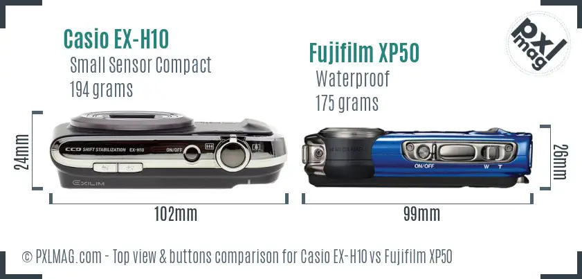 Casio EX-H10 vs Fujifilm XP50 top view buttons comparison Casio EX-H10 vs Fujifilm XP50 top view buttons comparison