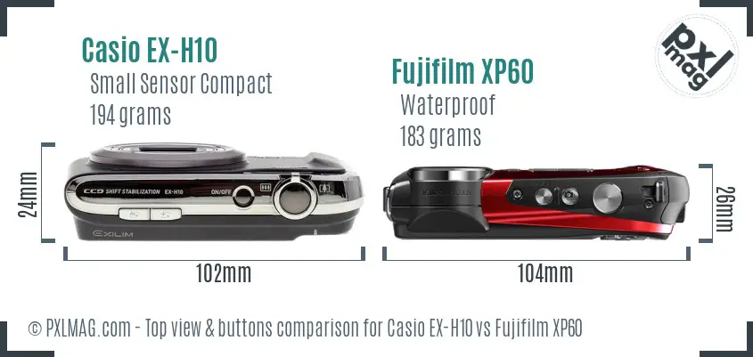 Casio EX-H10 vs Fujifilm XP60 top view buttons comparison Casio EX-H10 vs Fujifilm XP60 top view buttons comparison