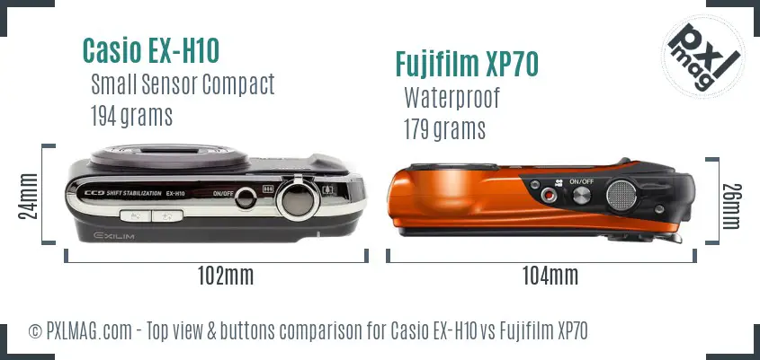Casio EX-H10 vs Fujifilm XP70 top view buttons comparison