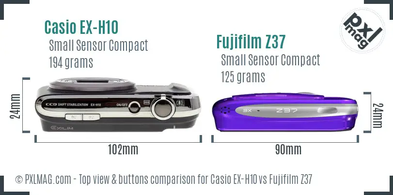Casio EX-H10 vs Fujifilm Z37 top view buttons comparison Casio EX-H10 vs Fujifilm Z37 top view buttons comparison