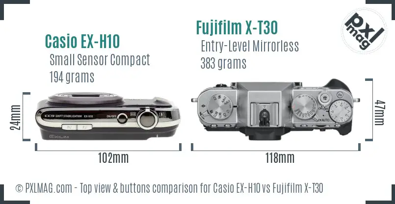 Casio EX-H10 vs Fujifilm X-T30 top view buttons comparison