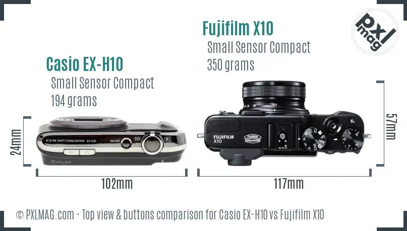 Casio EX-H10 vs Fujifilm X10 top view buttons comparison Casio EX-H10 vs Fujifilm X10 top view buttons comparison
