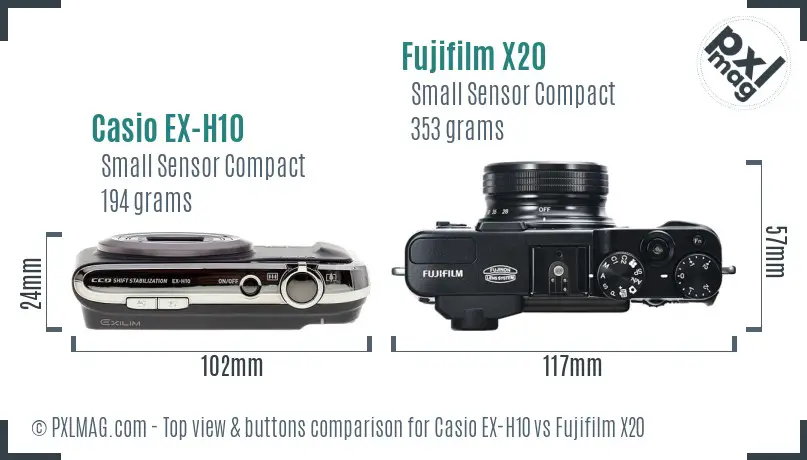 Casio EX-H10 vs Fujifilm X20 top view buttons comparison