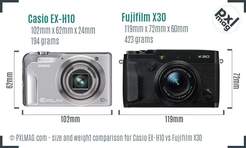 Casio EX-H10 vs Fujifilm X30 size comparison